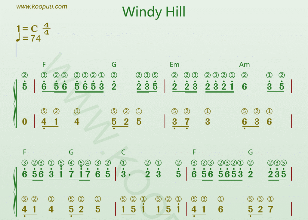 《Windy Hill 风之谷》精品钢琴谱带和弦、指法、高清打印版下载-靠谱音乐课堂