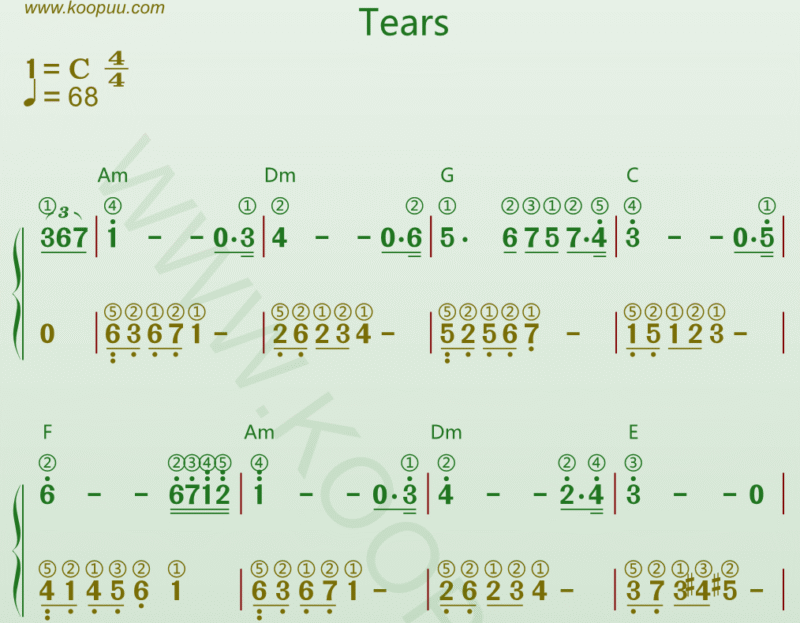 钢琴谱《Tears》超好听高清谱带和弦双手指法-靠谱音乐课堂
