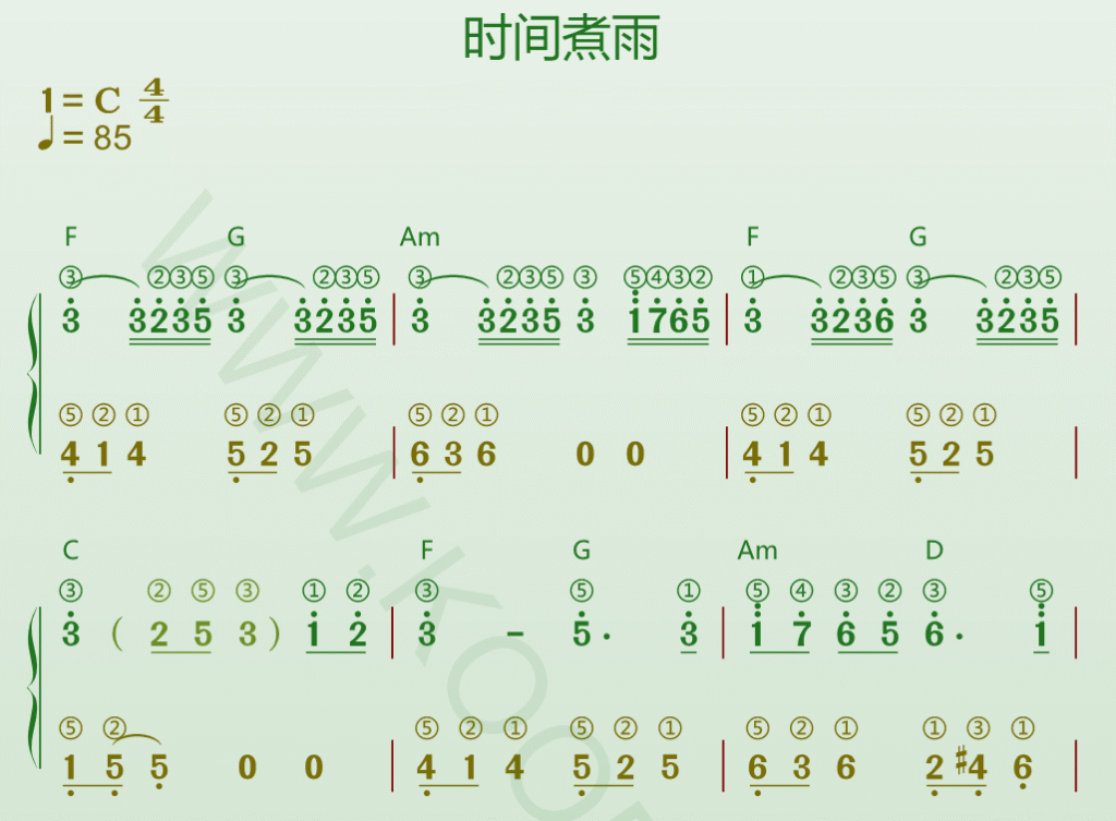 《时间煮雨》钢琴谱带和弦、指法高清打印版下载-靠谱音乐课堂