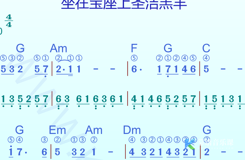 赞美诗歌谱《坐在宝座上圣洁羔羊》高清谱带指法和弦＋动态乐谱-靠谱音乐课堂