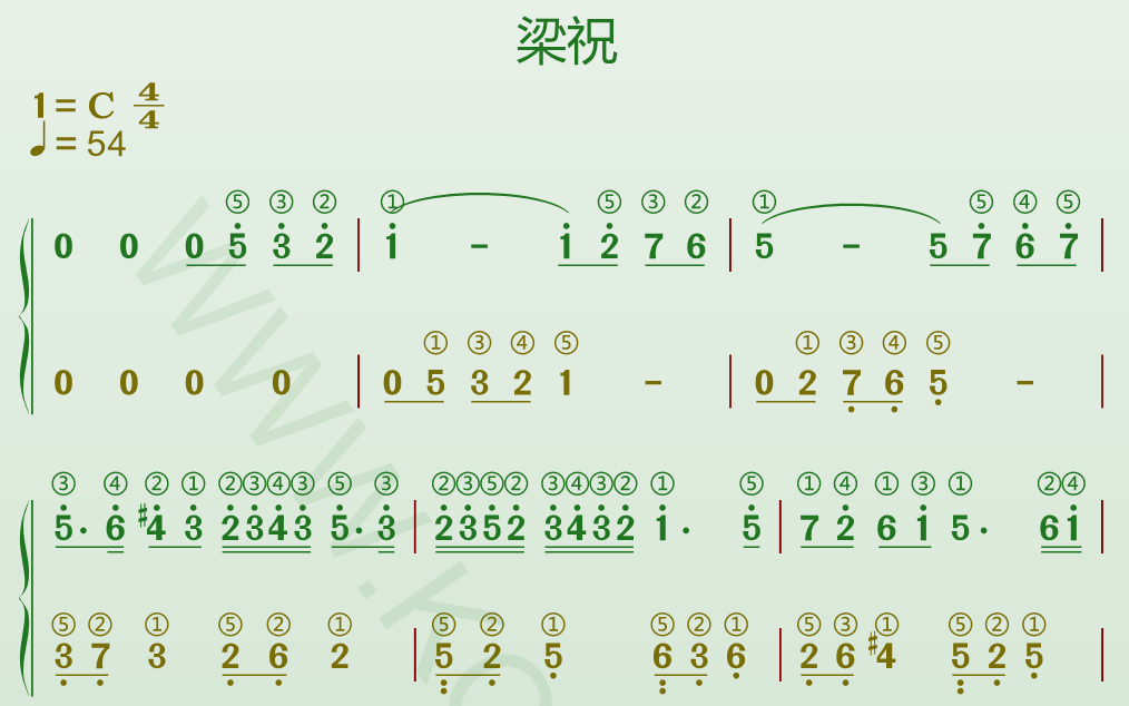 钢琴谱《梁祝》高清谱带指法和弦＋动态谱-靠谱音乐课堂