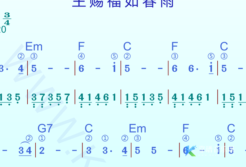 赞美诗歌谱《主赐福如春雨》高清谱带指法和弦＋动态乐谱-靠谱音乐课堂