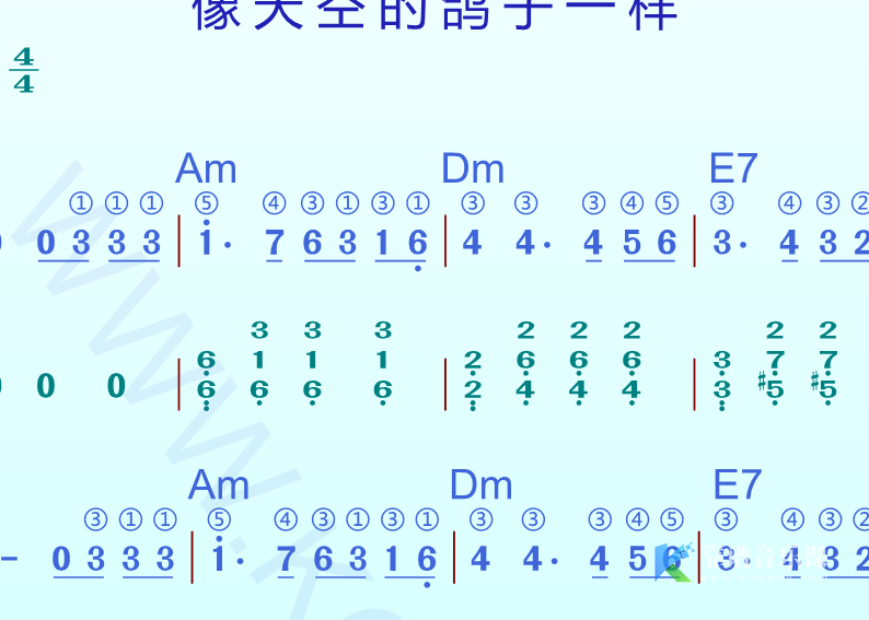 赞美诗歌谱《向天空的鸽子一样》高清谱带指法和弦＋动态乐谱-靠谱音乐课堂