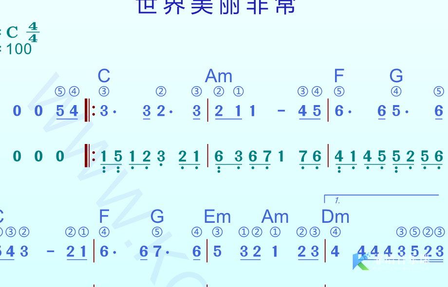赞美诗歌谱《世界美丽非常》高清谱带指法和弦＋动态乐谱-靠谱音乐课堂