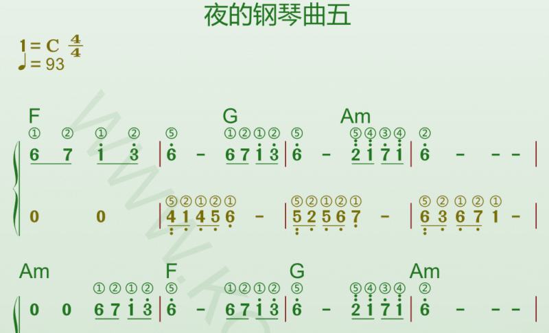钢琴谱《夜的钢琴曲五》高清谱带和弦指法和动态乐谱-靠谱音乐课堂